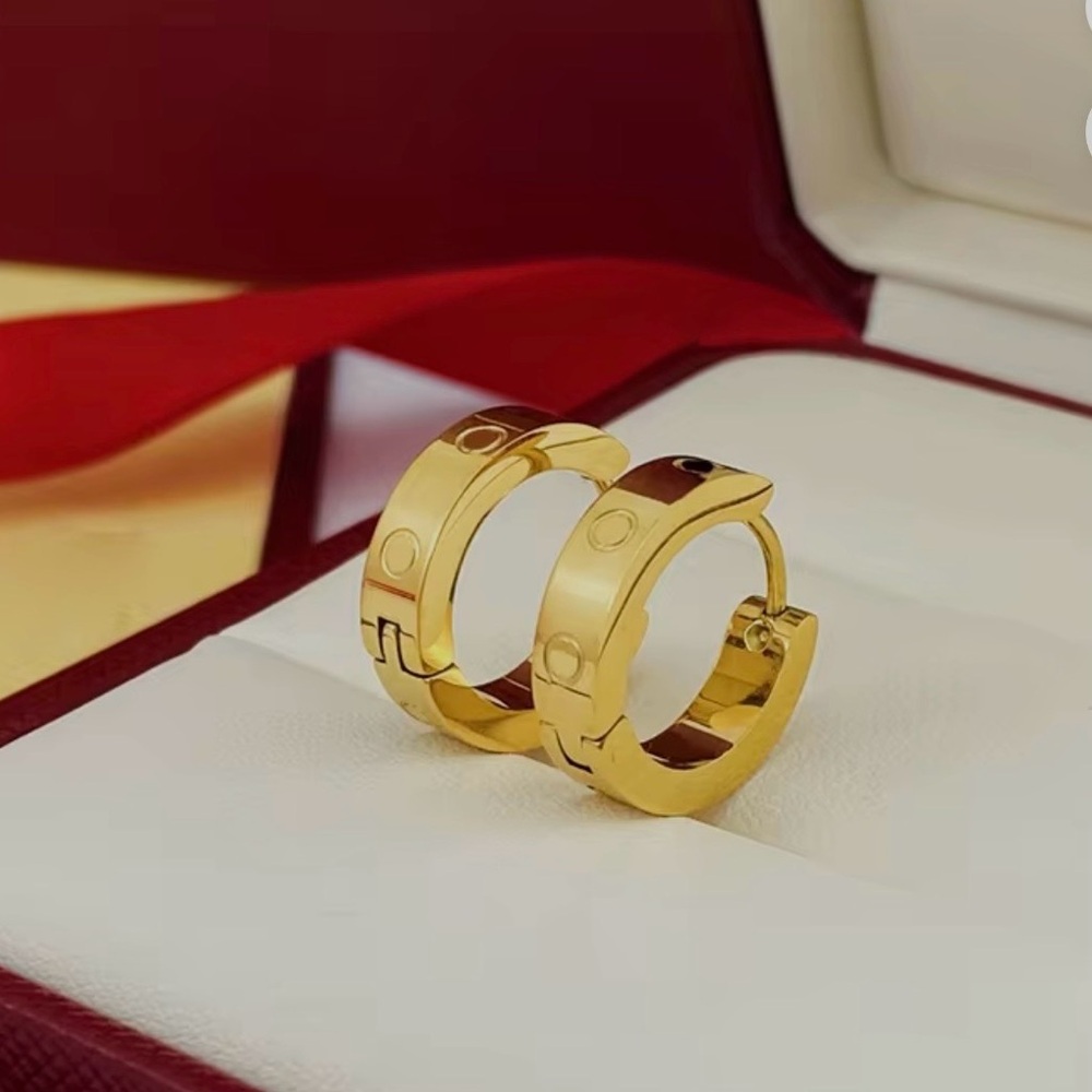 Gold Designer-Inspired Love earrings. 18kt gold plated stainless steel hoop